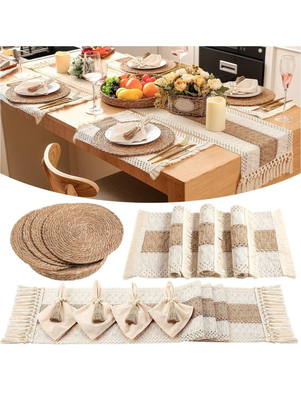 Boho Woven Cotton Table Runner and Placemat Set - Natural Beige
